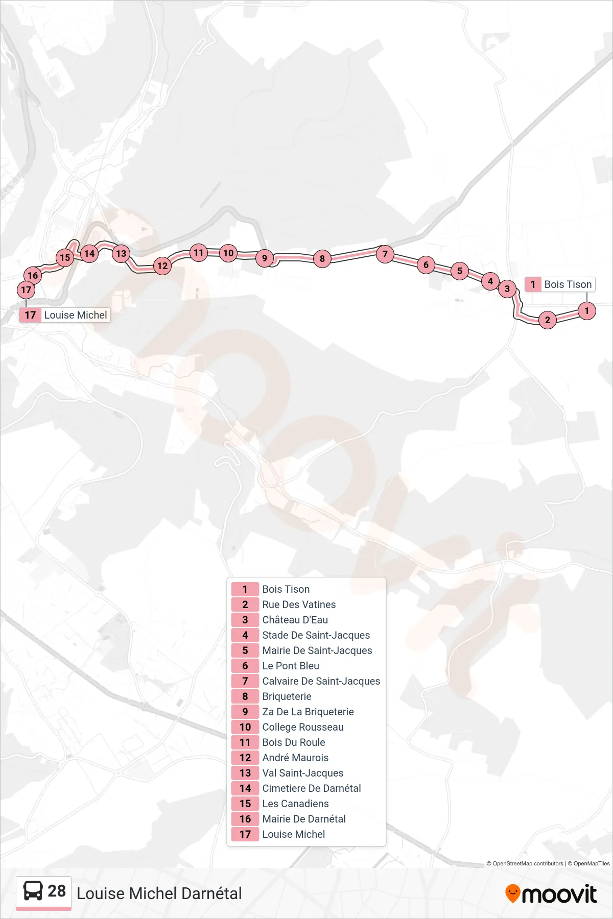 Tracé et arrêts de la ligne 28 de bus (Louise Michel Darnétal) sur une carte