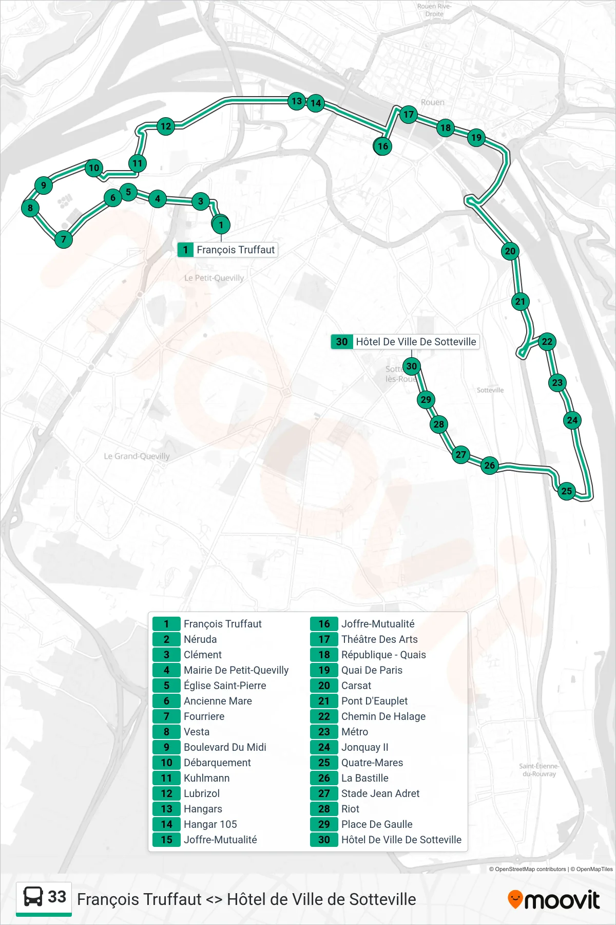 Recorrido y paradas de la línea 33 de autobús (Hôtel De Ville Sotteville-Les-Rouen) en el mapa