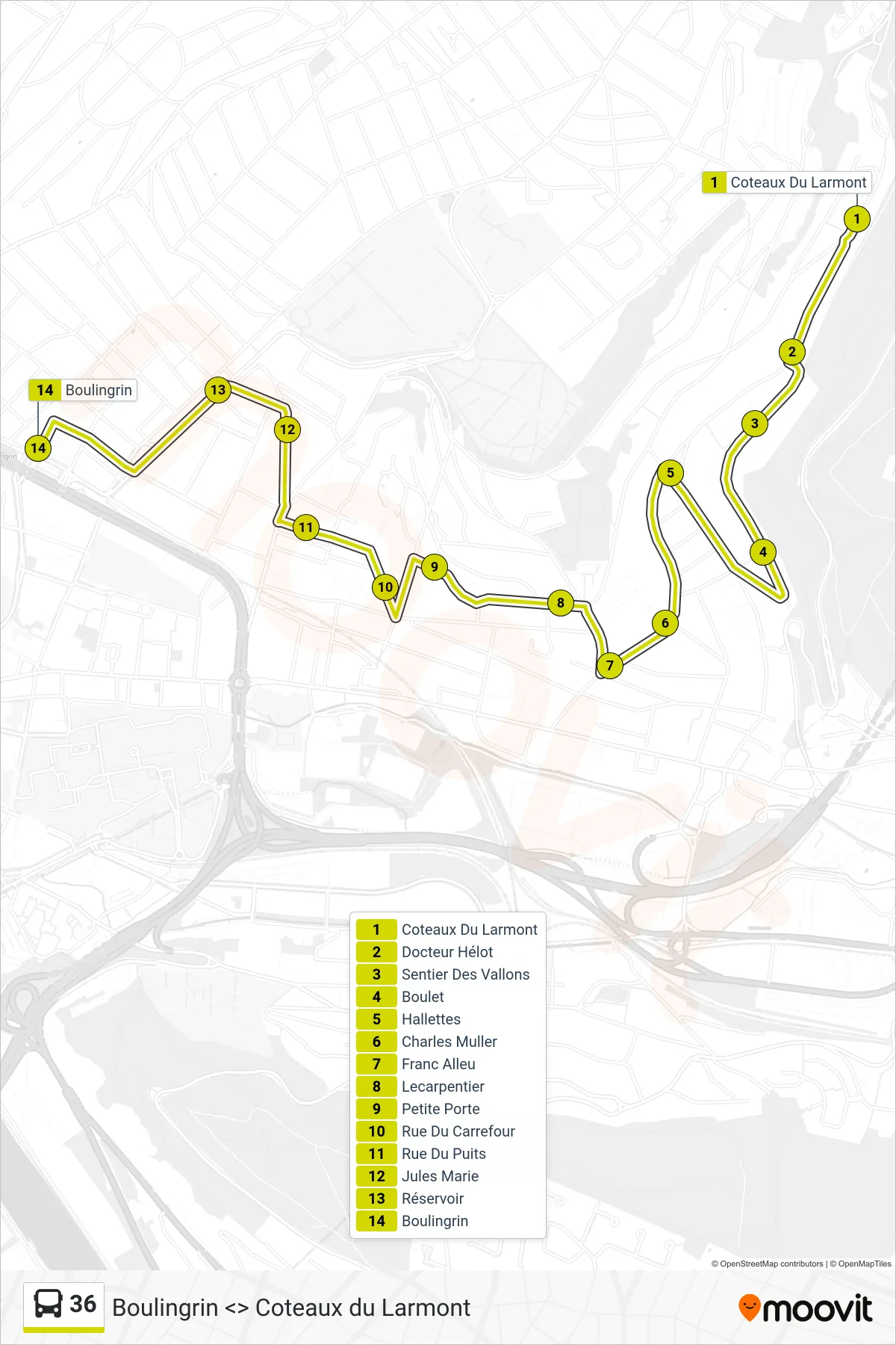 Tracé et arrêts de la ligne 36 de bus (Boulingrin Rouen) sur une carte