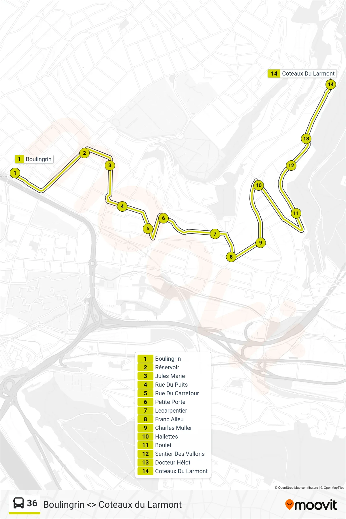 Tracé et arrêts de la ligne 36 de bus (Coteaux Du Larmont Rouen) sur une carte