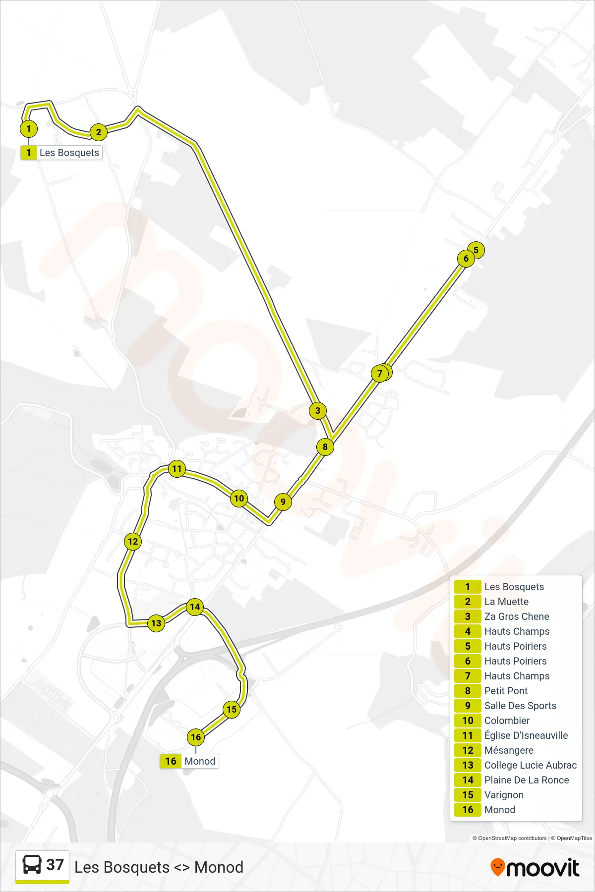 Tracé et arrêts de la ligne 37 de bus (Monod Saint-Martin-Du-Vivier) sur une carte
