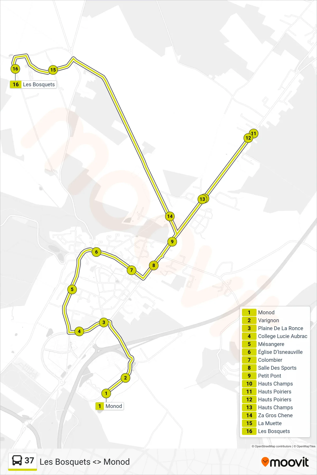 37 bus Line (Les Bosquets Isneauville) route and stops on a map