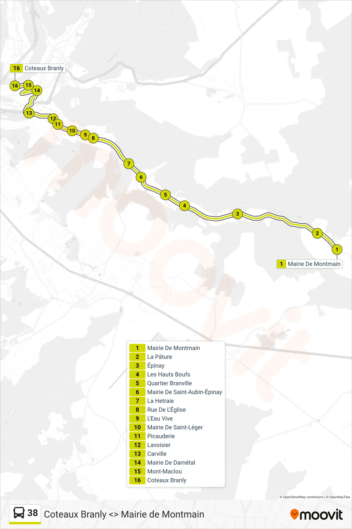Tracé et arrêts de la ligne 38 de bus (Coteaux Branly Darnétal) sur une carte