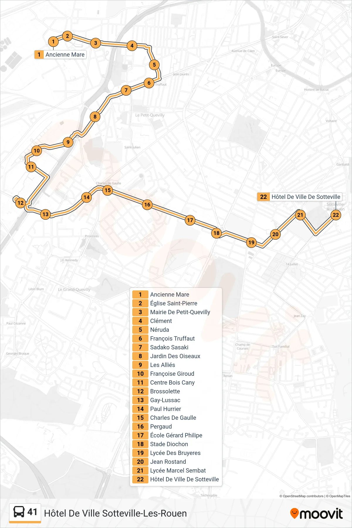 Recorrido y paradas de la línea 41 de autobús (Hôtel De Ville Sotteville-Les-Rouen) en el mapa