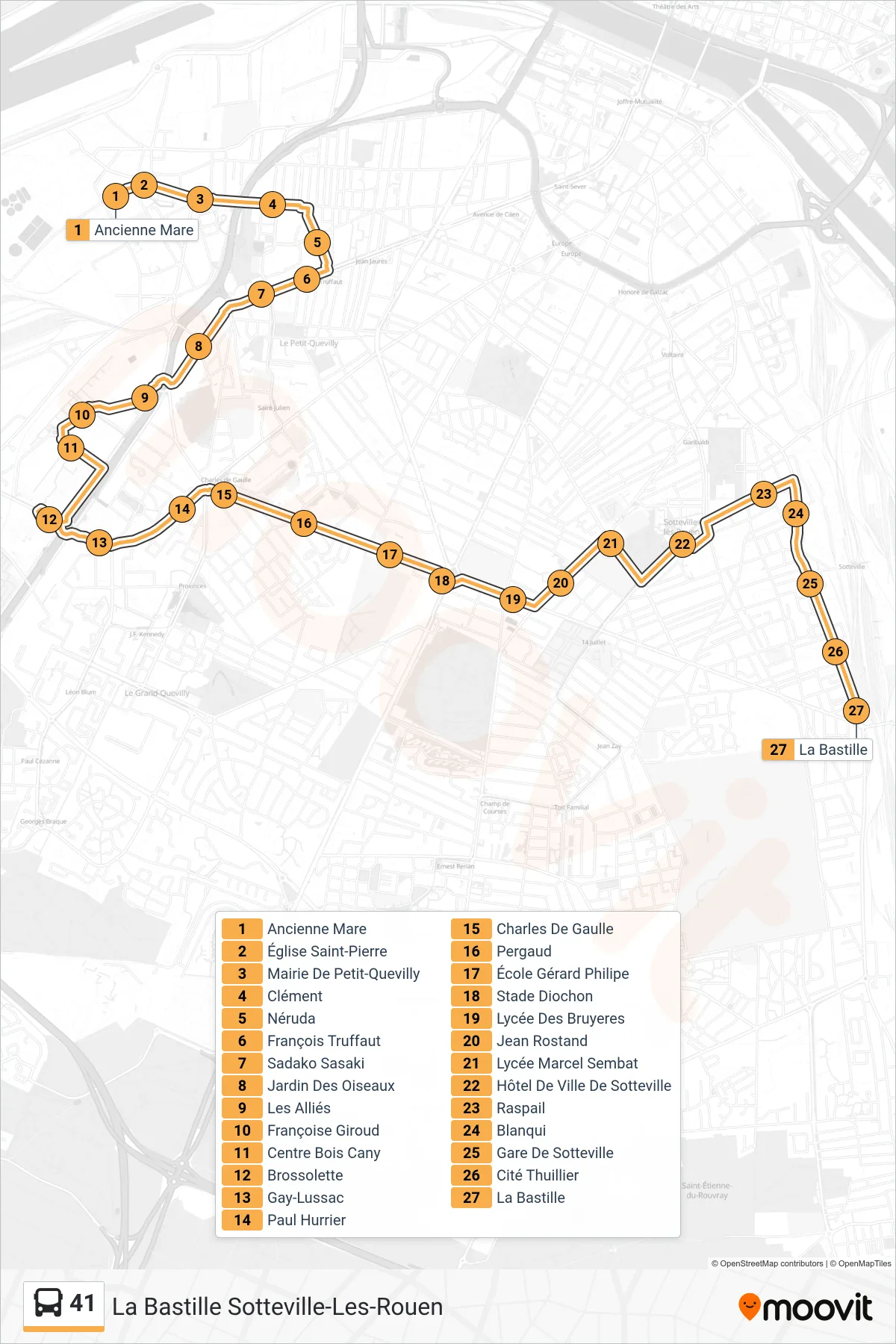 Tracé et arrêts de la ligne 41 de bus (La Bastille Sotteville-Les-Rouen) sur une carte