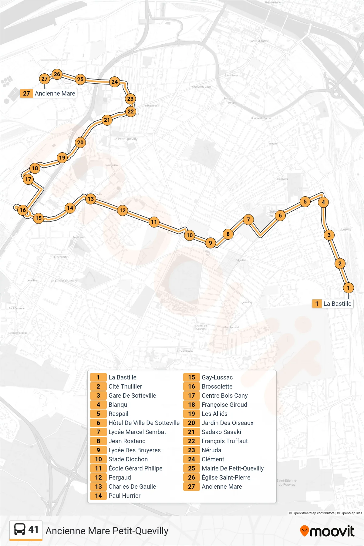 Tracé et arrêts de la ligne 41 de bus (Ancienne Mare Petit-Quevilly) sur une carte
