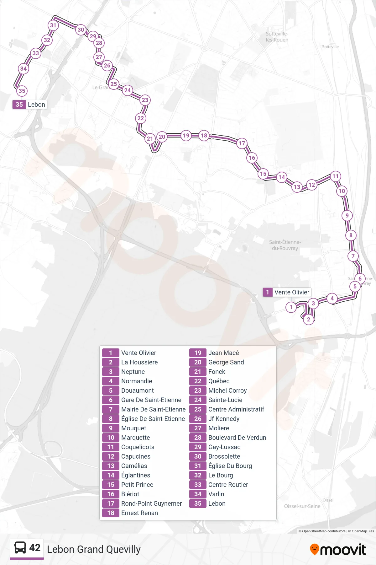 Tracé et arrêts de la ligne 42 de bus (Lebon Grand Quevilly) sur une carte