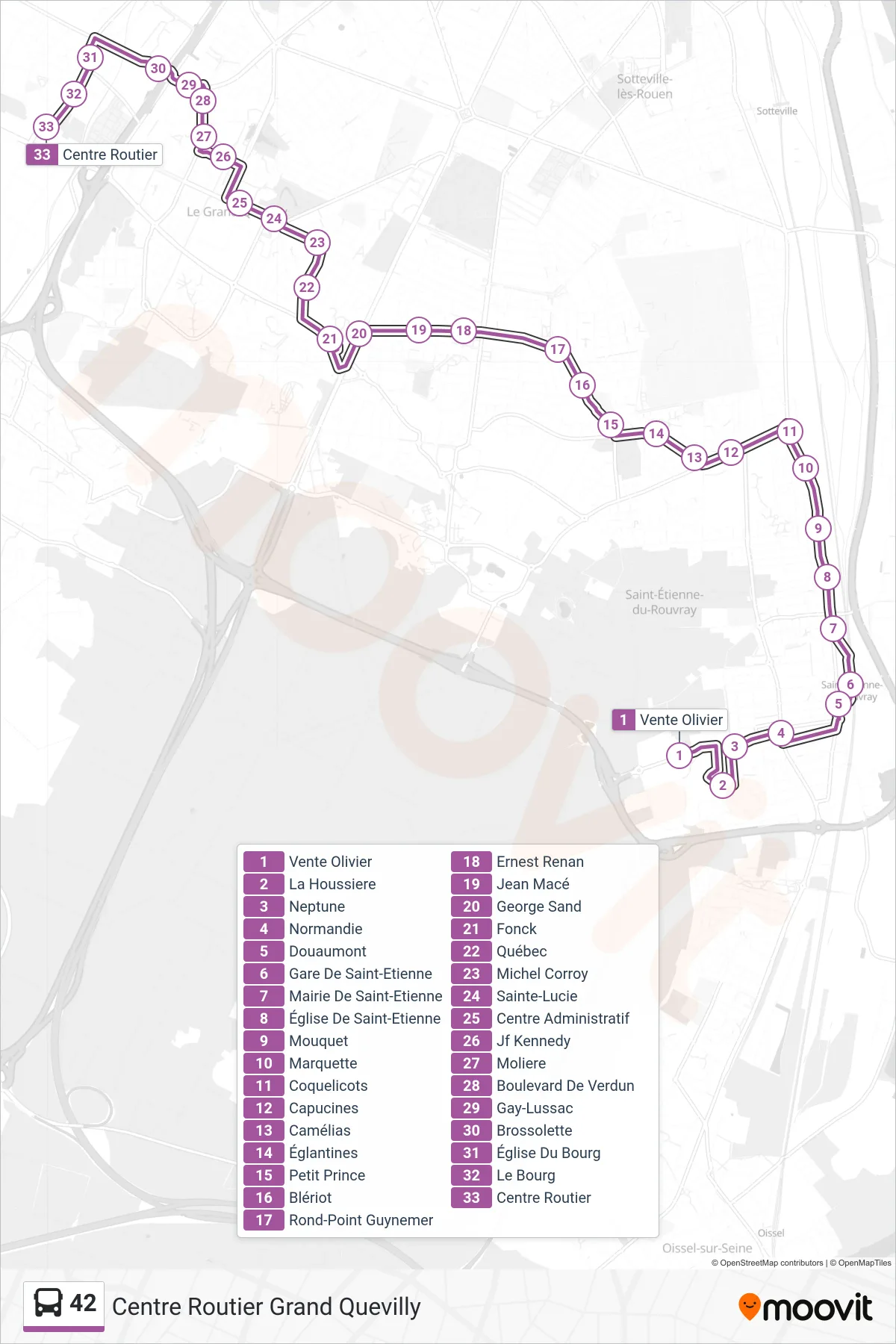 Tracé et arrêts de la ligne 42 de bus (Centre Routier Grand Quevilly) sur une carte