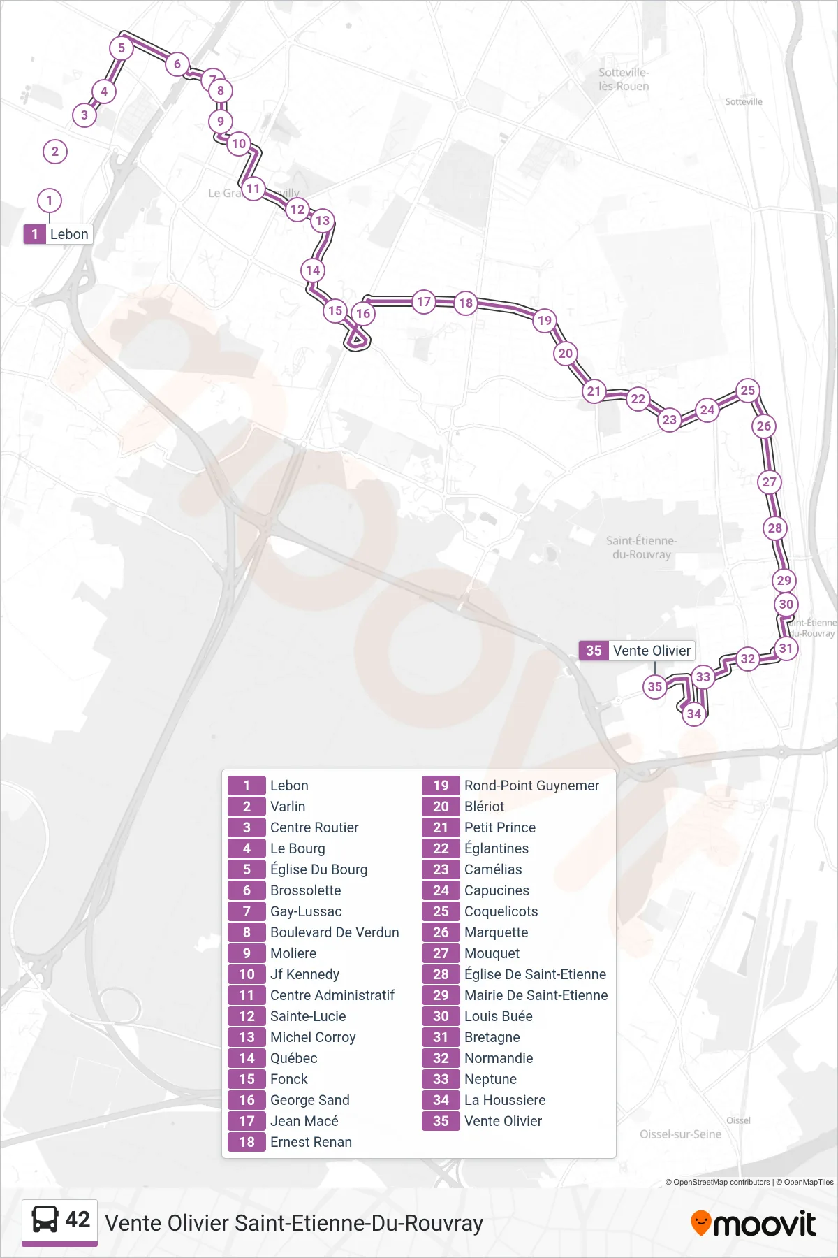 Tracé et arrêts de la ligne 42 de bus (Vente Olivier Saint-Etienne-Du-Rouvray) sur une carte