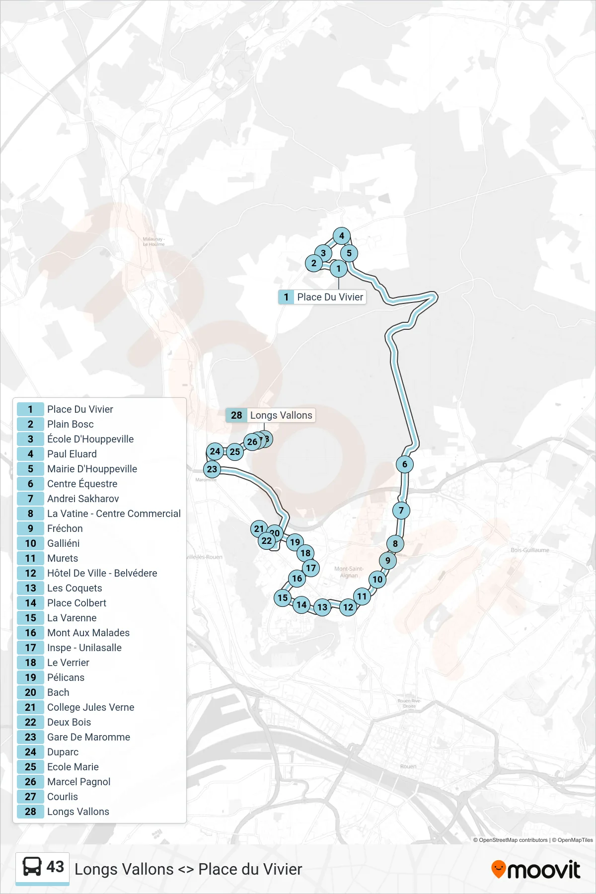 Tracé et arrêts de la ligne 43 de bus (Longs Vallons) sur une carte