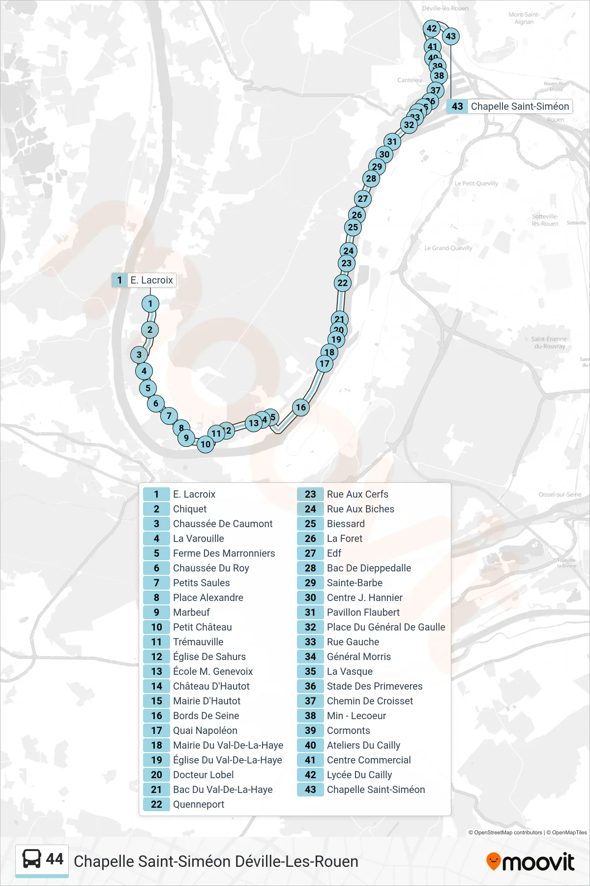Recorrido y paradas de la línea 44 de autobús (Chapelle Saint-Siméon Déville-Les-Rouen) en el mapa