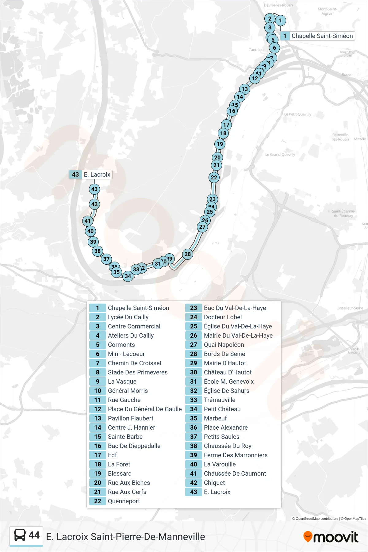 Tracé et arrêts de la ligne 44 de bus (E. Lacroix Saint-Pierre-De-Manneville) sur une carte