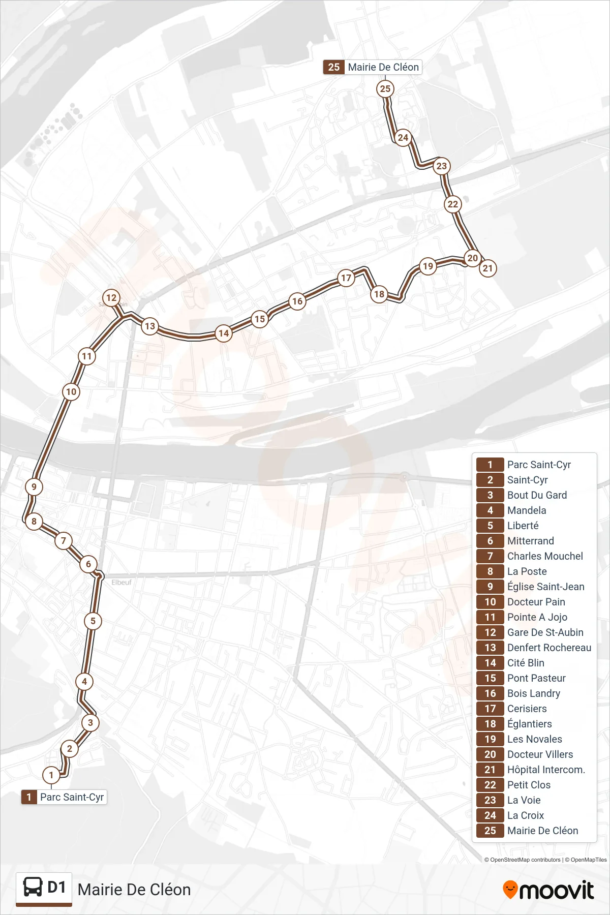 Tracé et arrêts de la ligne D1 de bus (Mairie De Cléon) sur une carte