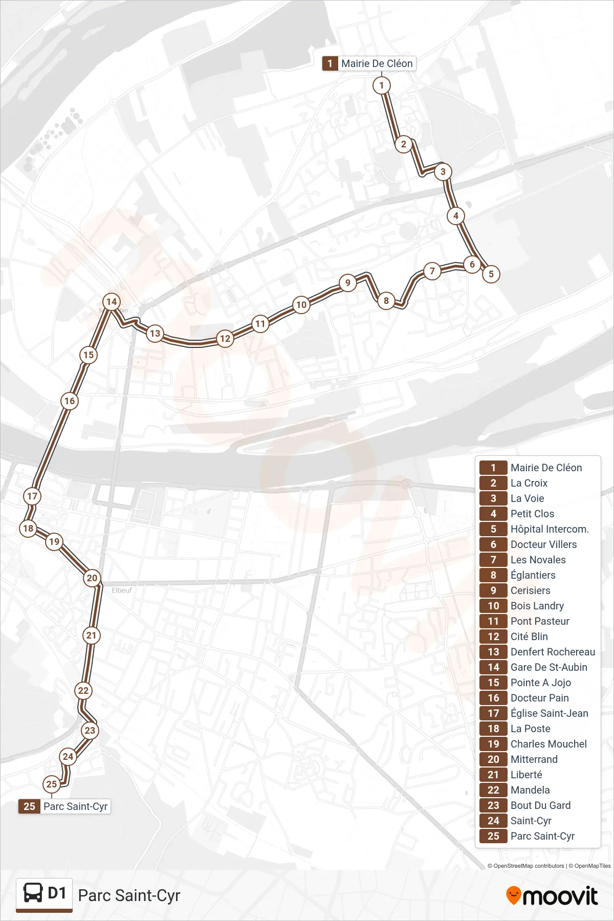 Tracé et arrêts de la ligne D1 de bus (Parc Saint-Cyr) sur une carte