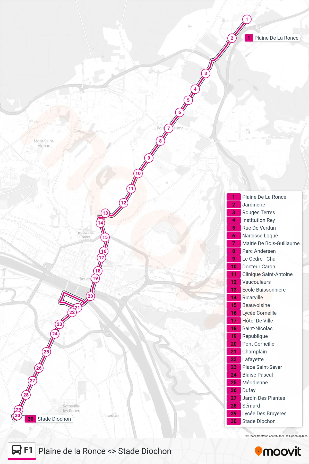 F1 bus Line (Stade Diochon Petit-Quevilly) route and stops on a map