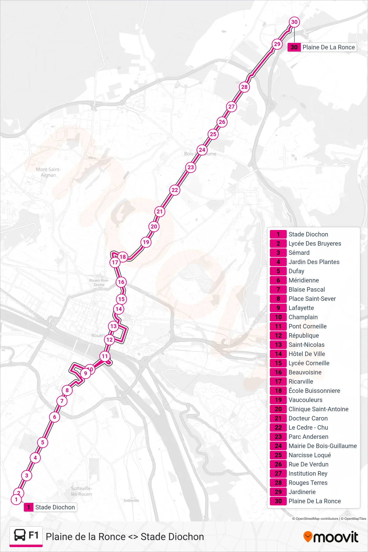 Tracé et arrêts de la ligne F1 de bus (Plaine De La Ronce Isneauville) sur une carte