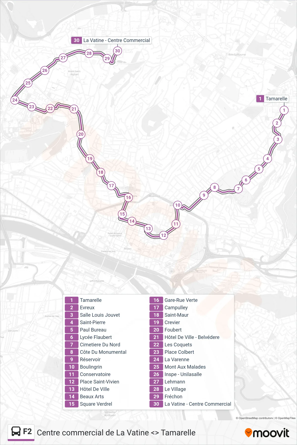 F2 bus Line (La Vatine - Centre Commercial Mont-Saint-Aignan) route and stops on a map