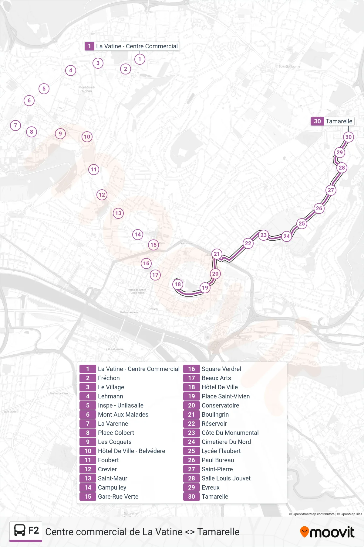 Tracé et arrêts de la ligne F2 de bus (Tamarelle Bihorel) sur une carte