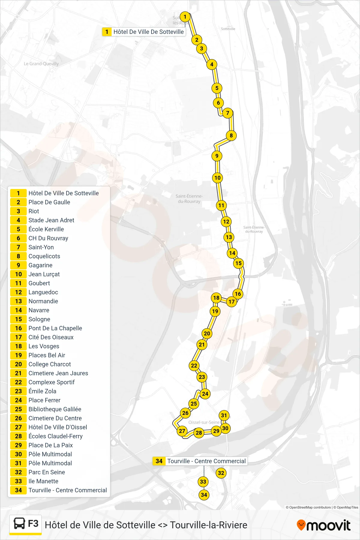 F3 bus Line (Pôle Multimodal Oissel) route and stops on a map