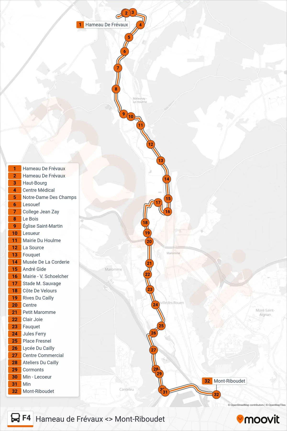 F4 bus Line (Mont-Riboudet Rouen) route and stops on a map