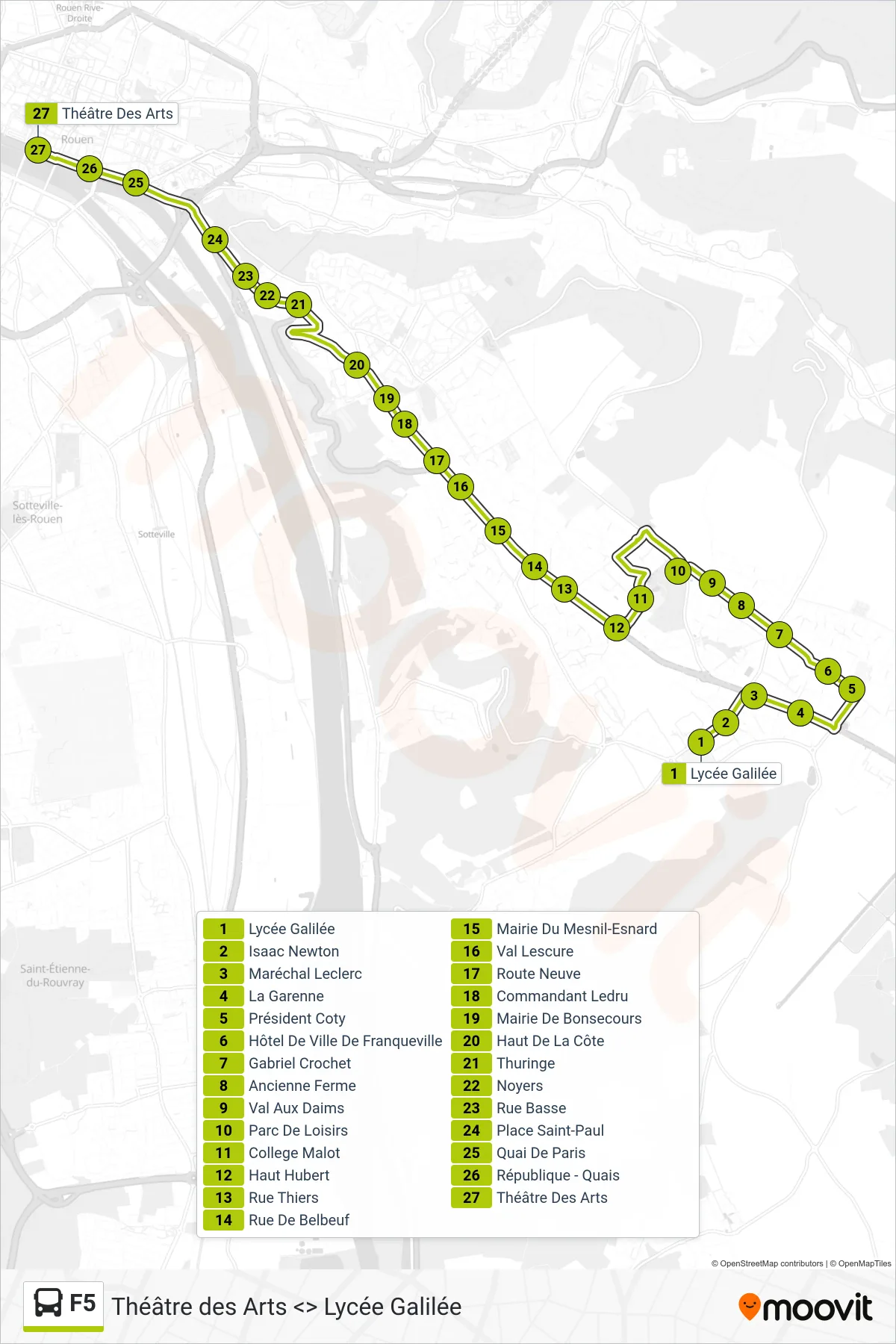 F5 bus Line (Théâtre Des Arts Rouen) route and stops on a map