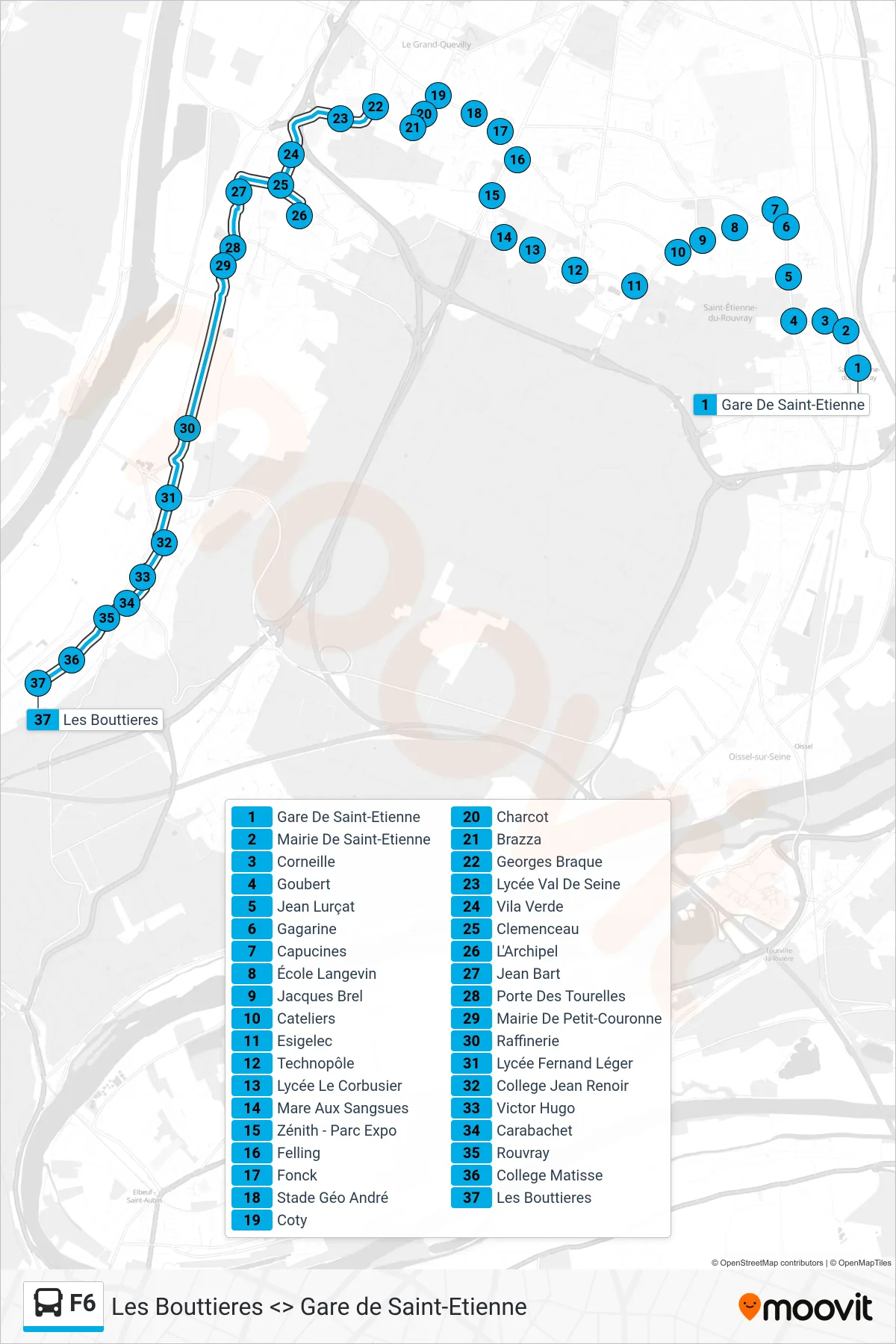 Tracé et arrêts de la ligne F6 de bus (Les Bouttieres Grand-Couronne) sur une carte