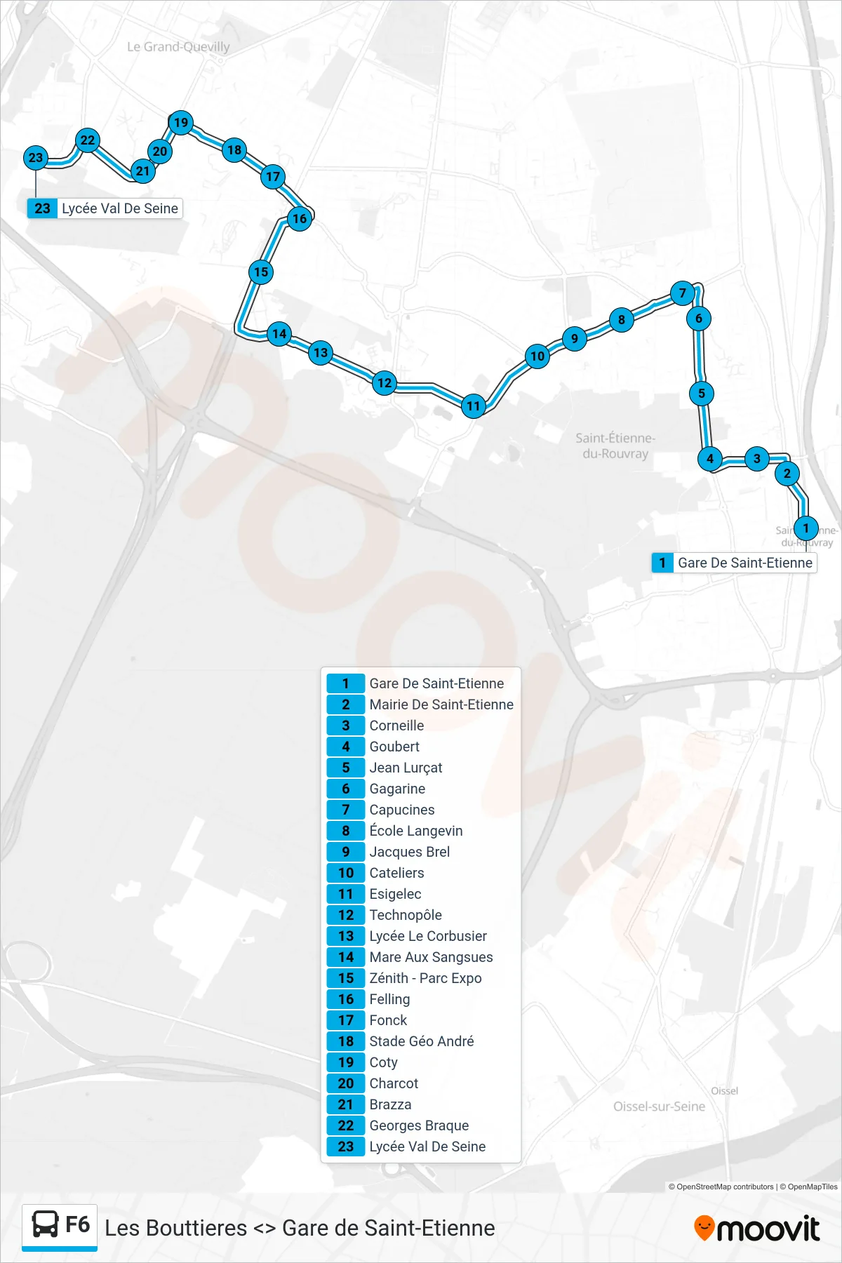 F6 bus Line (Lycée Val De Seine Grand Quevilly) route and stops on a map
