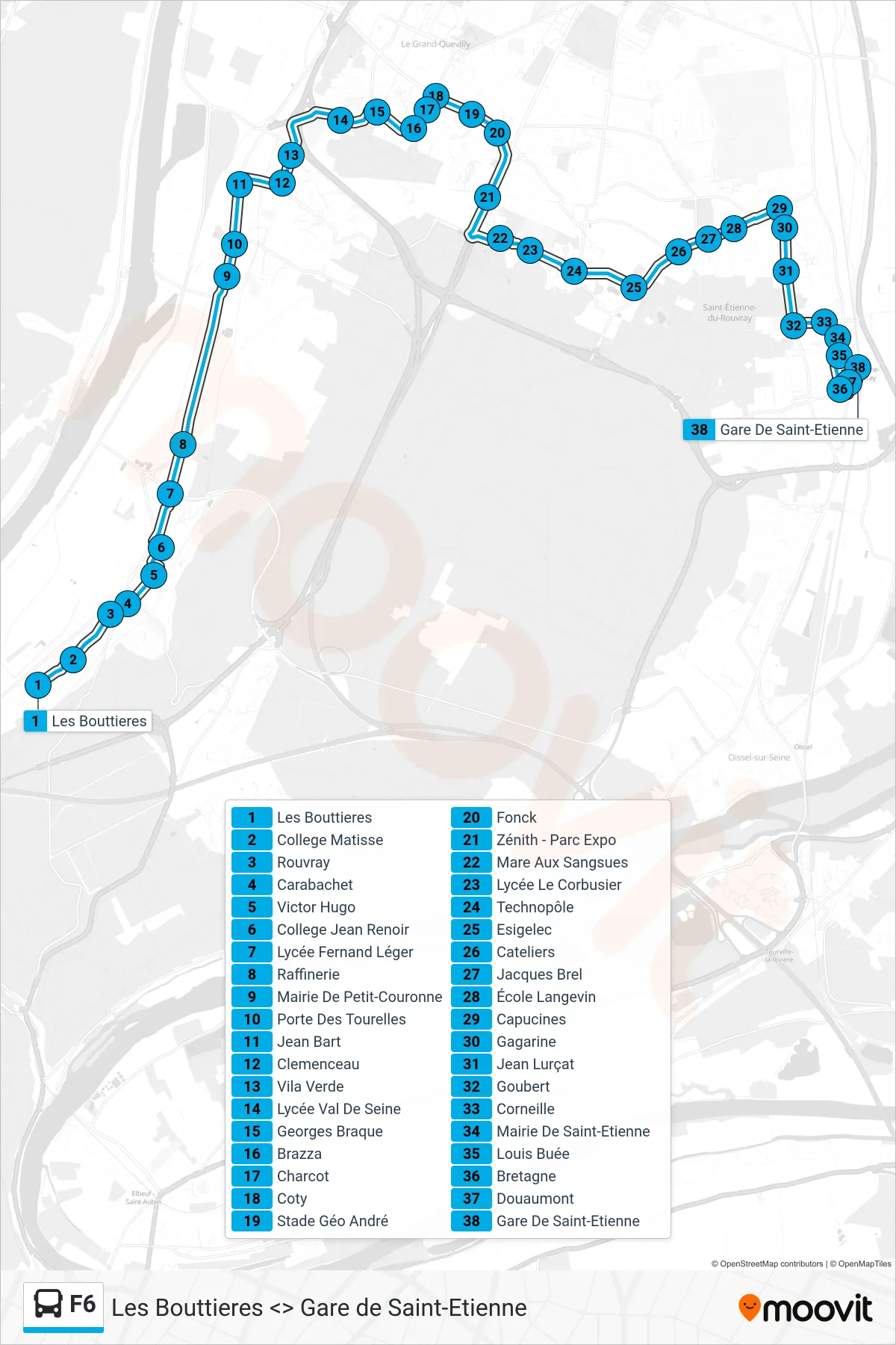 F6 bus Line (Gare Saint-Etienne-Du-Rouvray) route and stops on a map