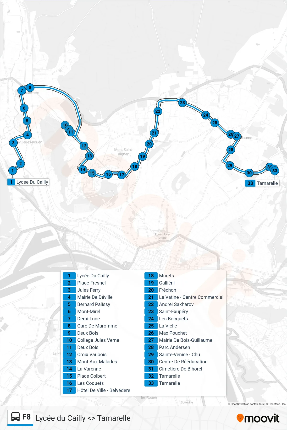 Tracé et arrêts de la ligne F8 de bus (Tamarelle) sur une carte