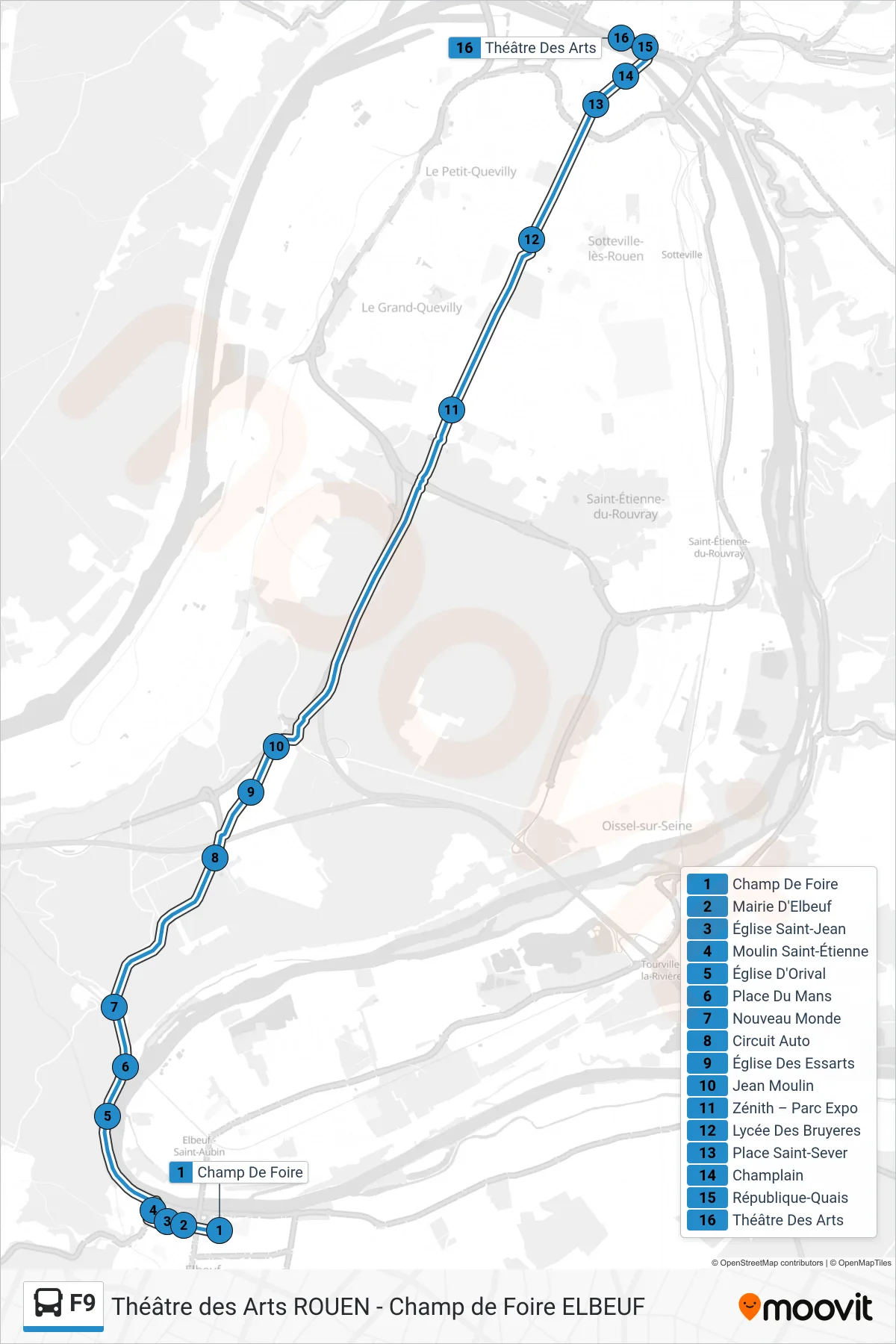 F9 bus Line (Théâtre Des Arts) route and stops on a map