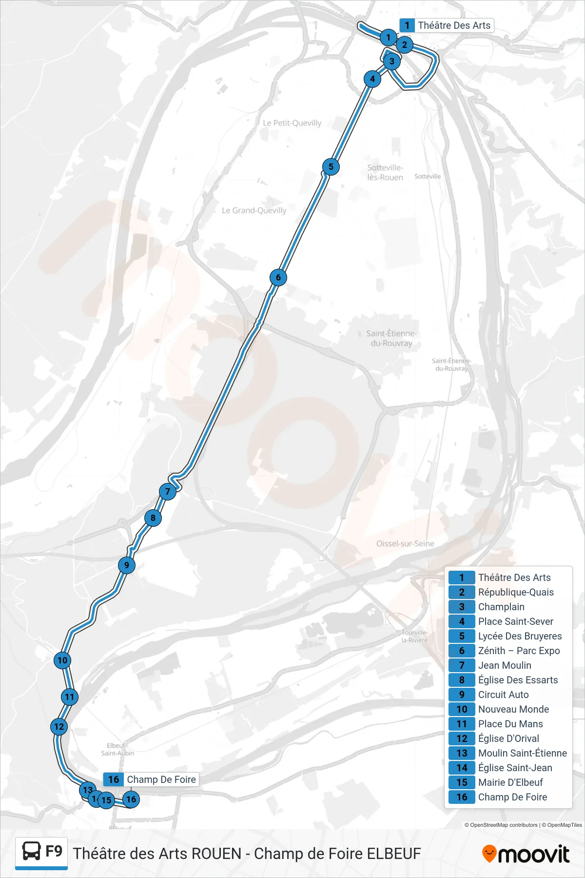 Tracé et arrêts de la ligne F9 de bus (Champ De Foire) sur une carte