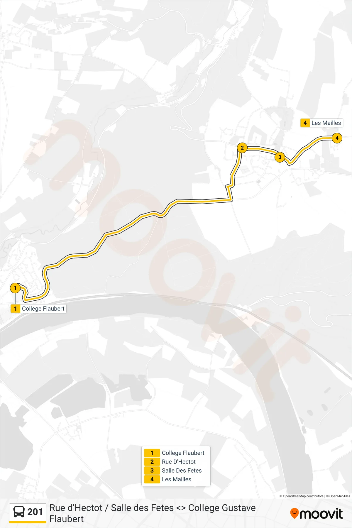 Recorrido y paradas de la línea 201 de autobús (Les Mailles Saint-Pierre-De-Varengeville) en el mapa