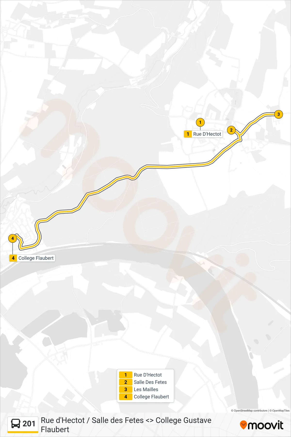 Tracé et arrêts de la ligne 201 de bus (College Gustave Flaubert Duclair) sur une carte