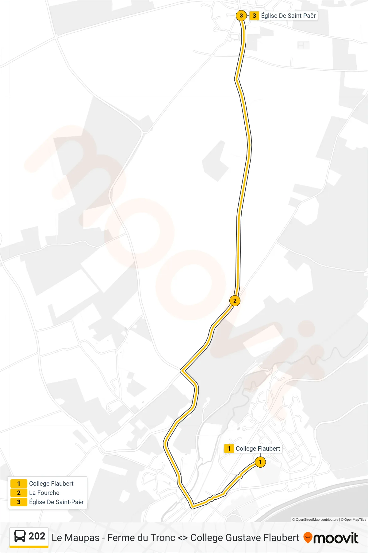 Tracé et arrêts de la ligne 202 de bus (Église Saint-Paër) sur une carte