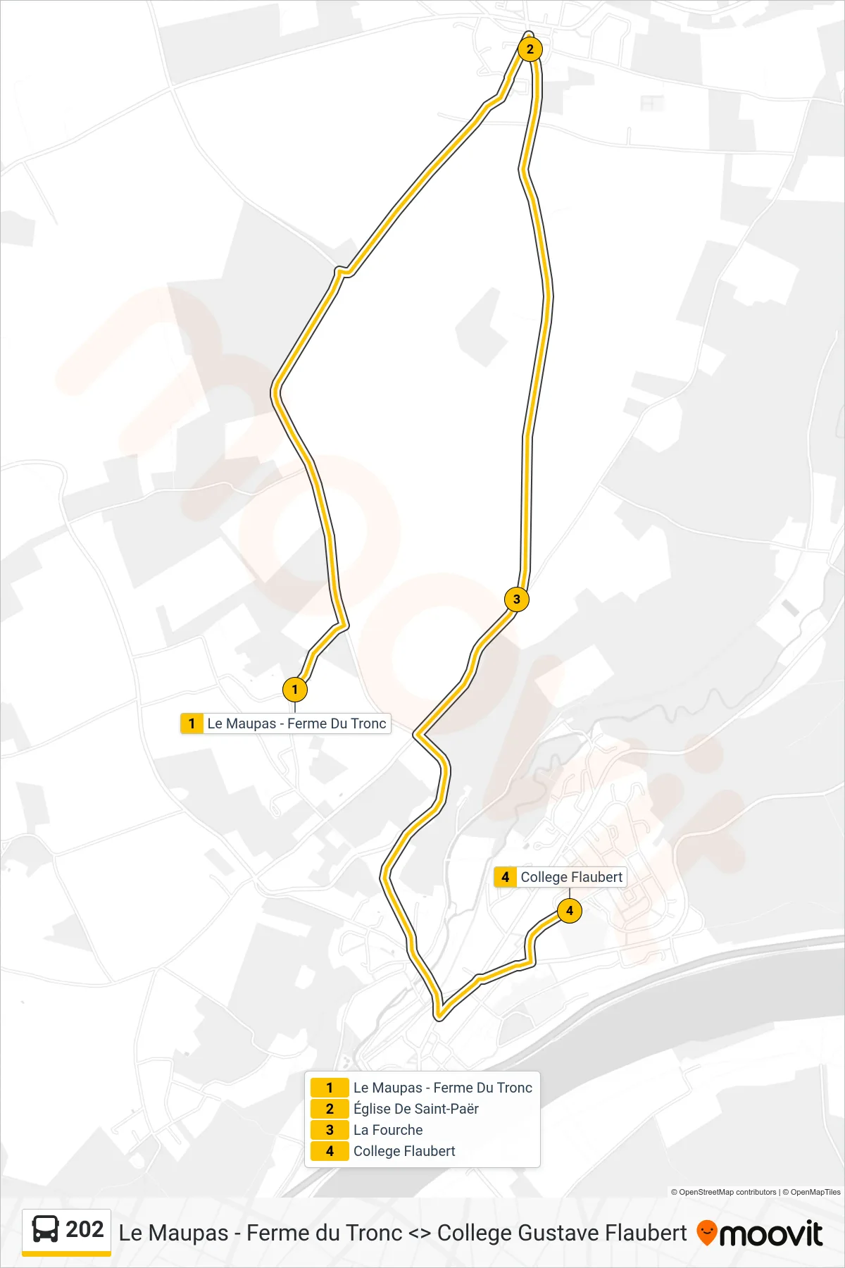 Tracé et arrêts de la ligne 202 de bus (College Gustave Flaubert Duclair) sur une carte