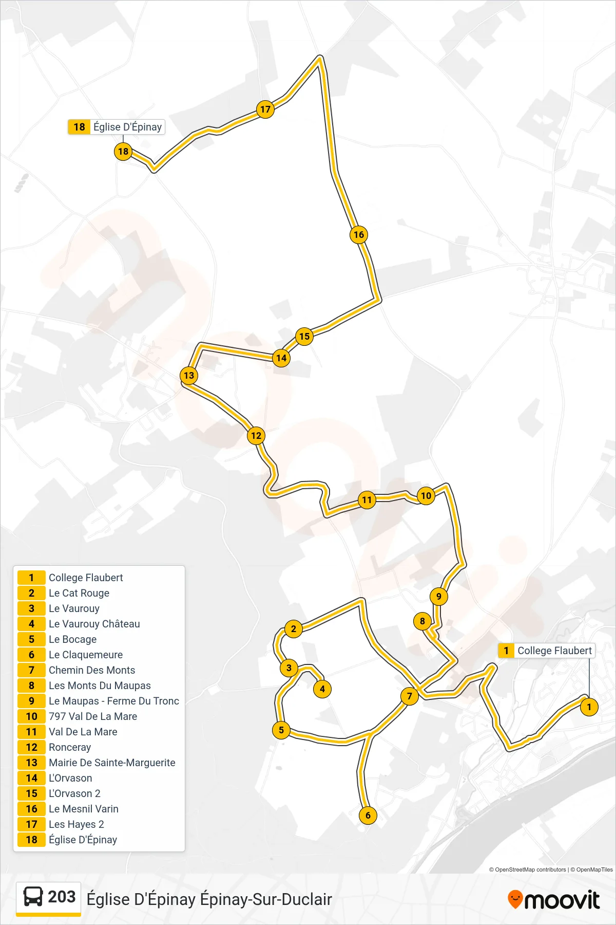 Tracé et arrêts de la ligne 203 de bus (Église D'Épinay Épinay-Sur-Duclair) sur une carte