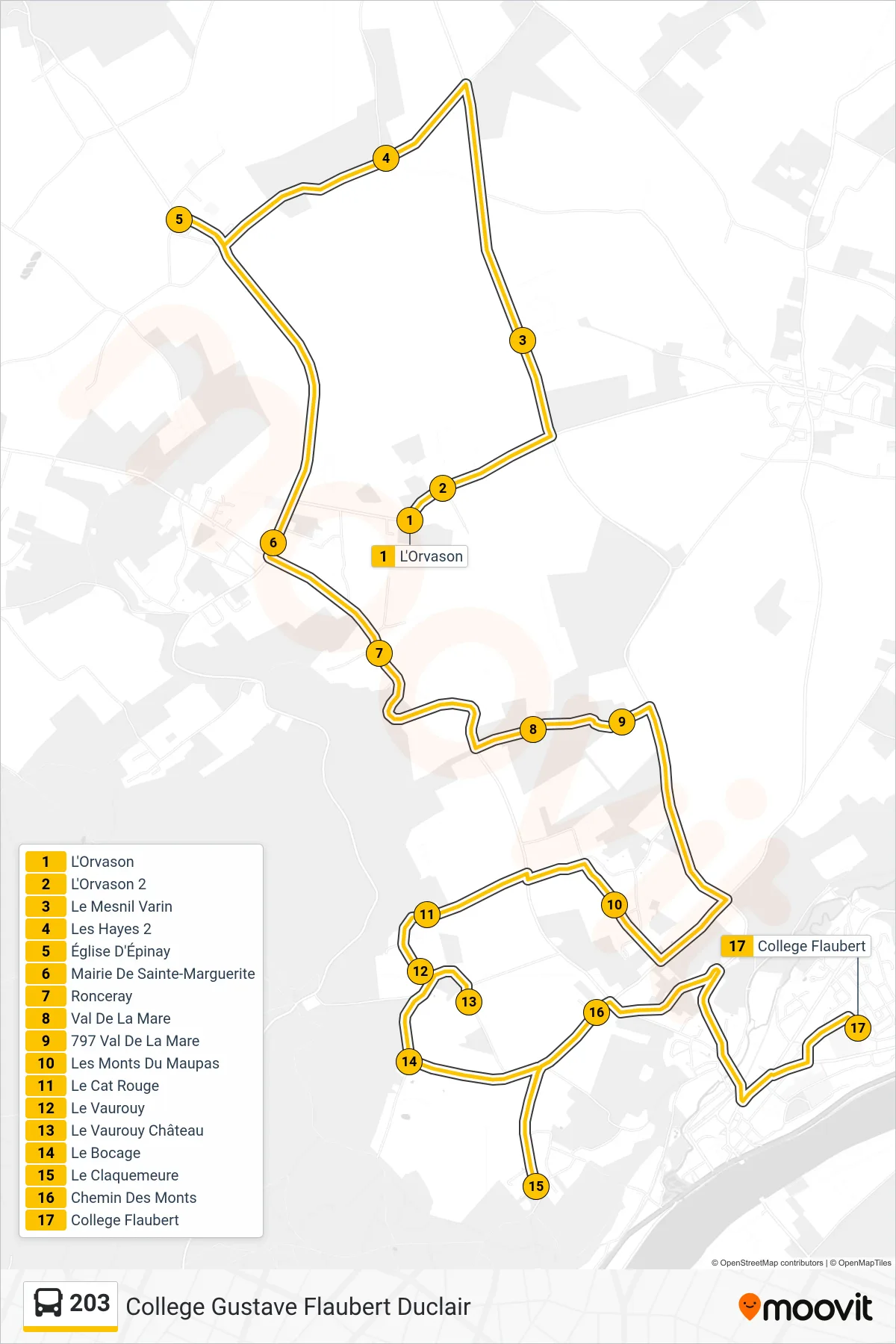 Tracé et arrêts de la ligne 203 de bus (College Gustave Flaubert Duclair) sur une carte