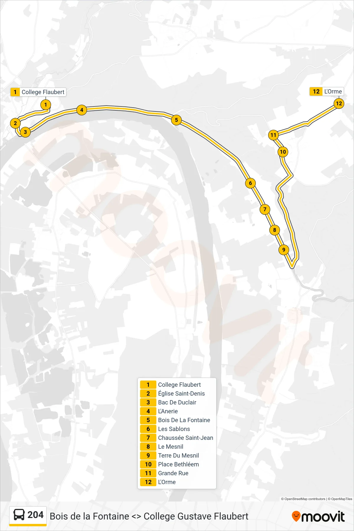 Tracé et arrêts de la ligne 204 de bus (L'Orme Hénouville) sur une carte