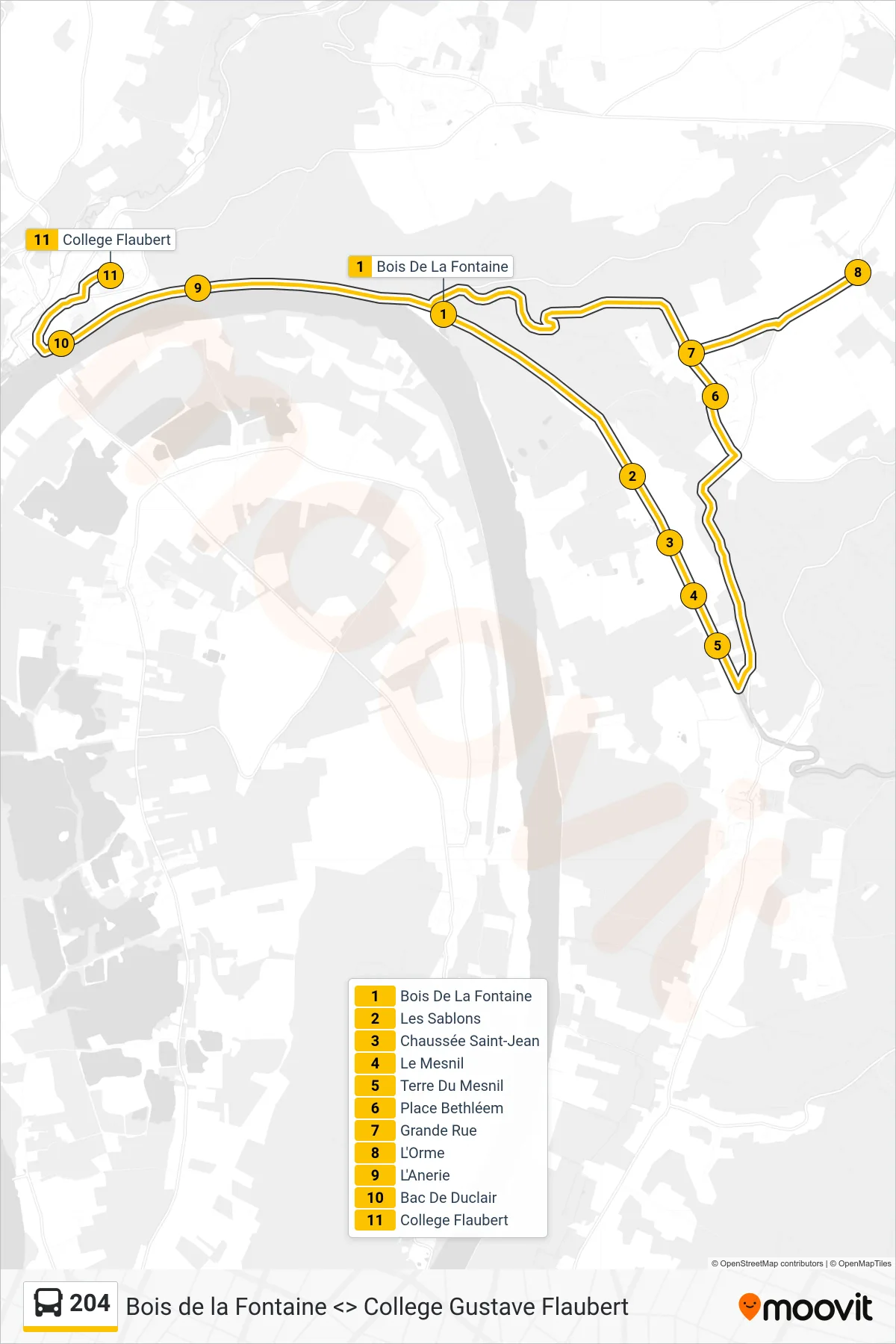 Tracé et arrêts de la ligne 204 de bus (College Gustave Flaubert Duclair) sur une carte