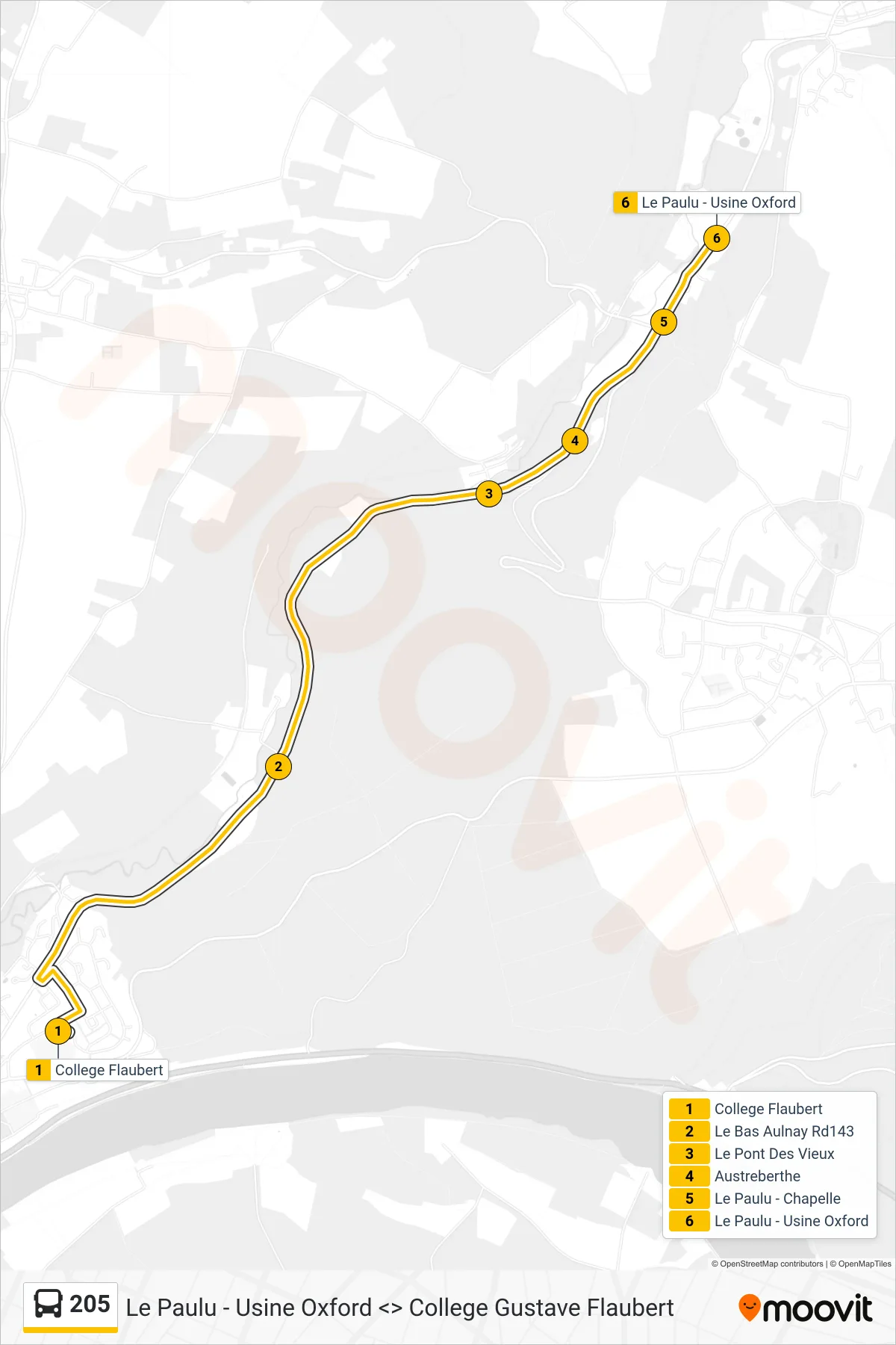 205 bus Line (Le Paulu - Usine Oxford Saint-Pierre-De-Varengeville) route and stops on a map