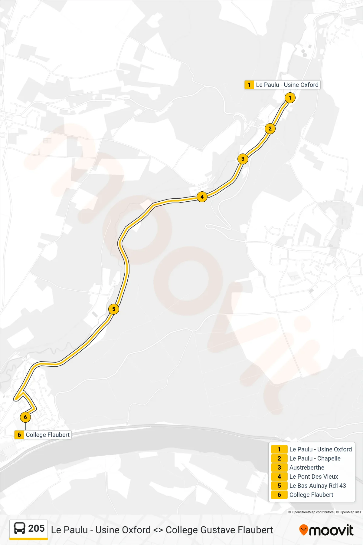 Tracé et arrêts de la ligne 205 de bus (College Gustave Flaubert Duclair) sur une carte
