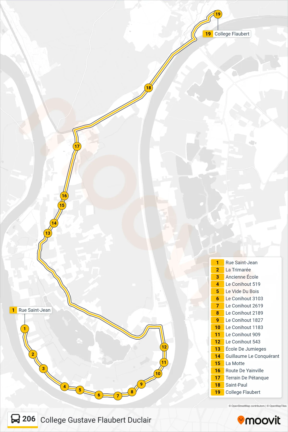 Tracé et arrêts de la ligne 206 de bus (College Gustave Flaubert Duclair) sur une carte