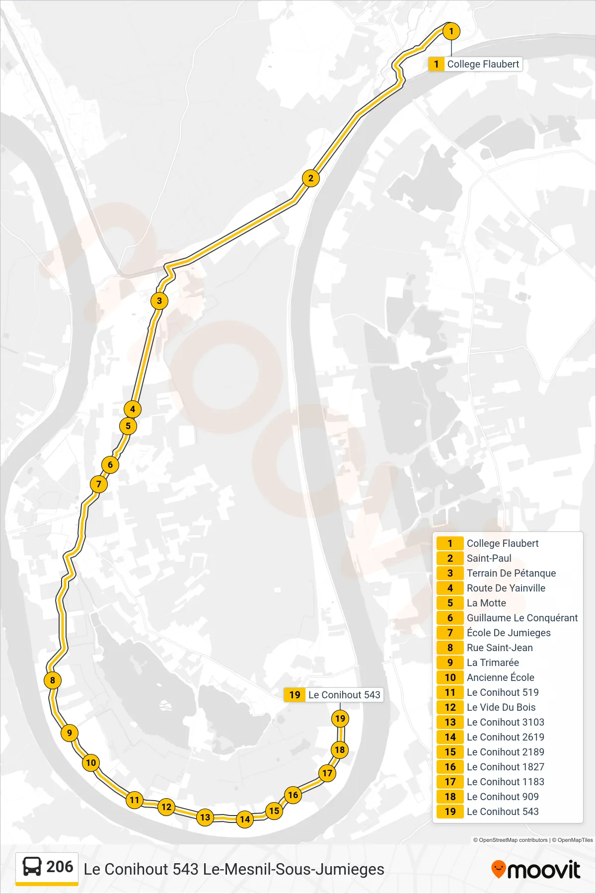 Tracé et arrêts de la ligne 206 de bus (Le Conihout 543 Le-Mesnil-Sous-Jumieges) sur une carte