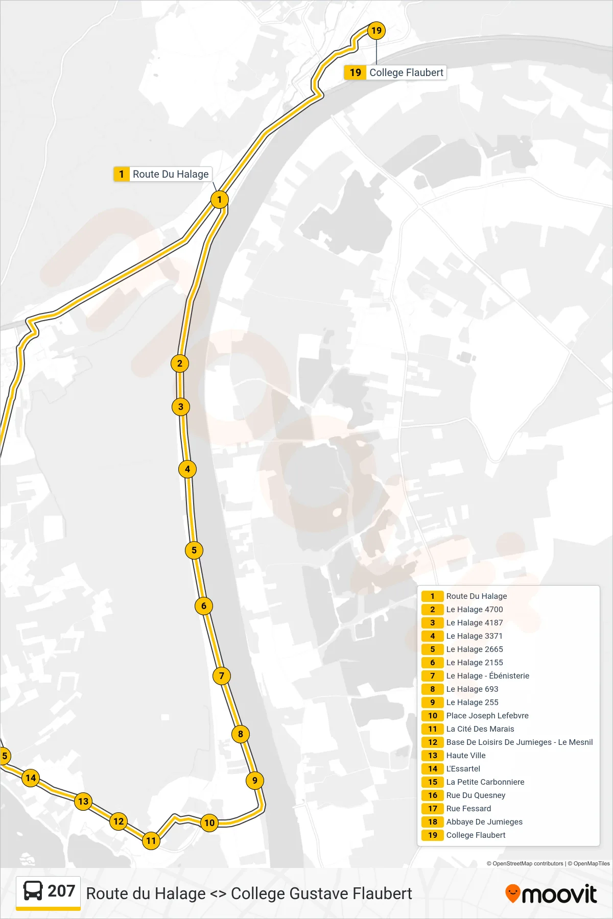Tracé et arrêts de la ligne 207 de bus (College Gustave Flaubert Duclair) sur une carte