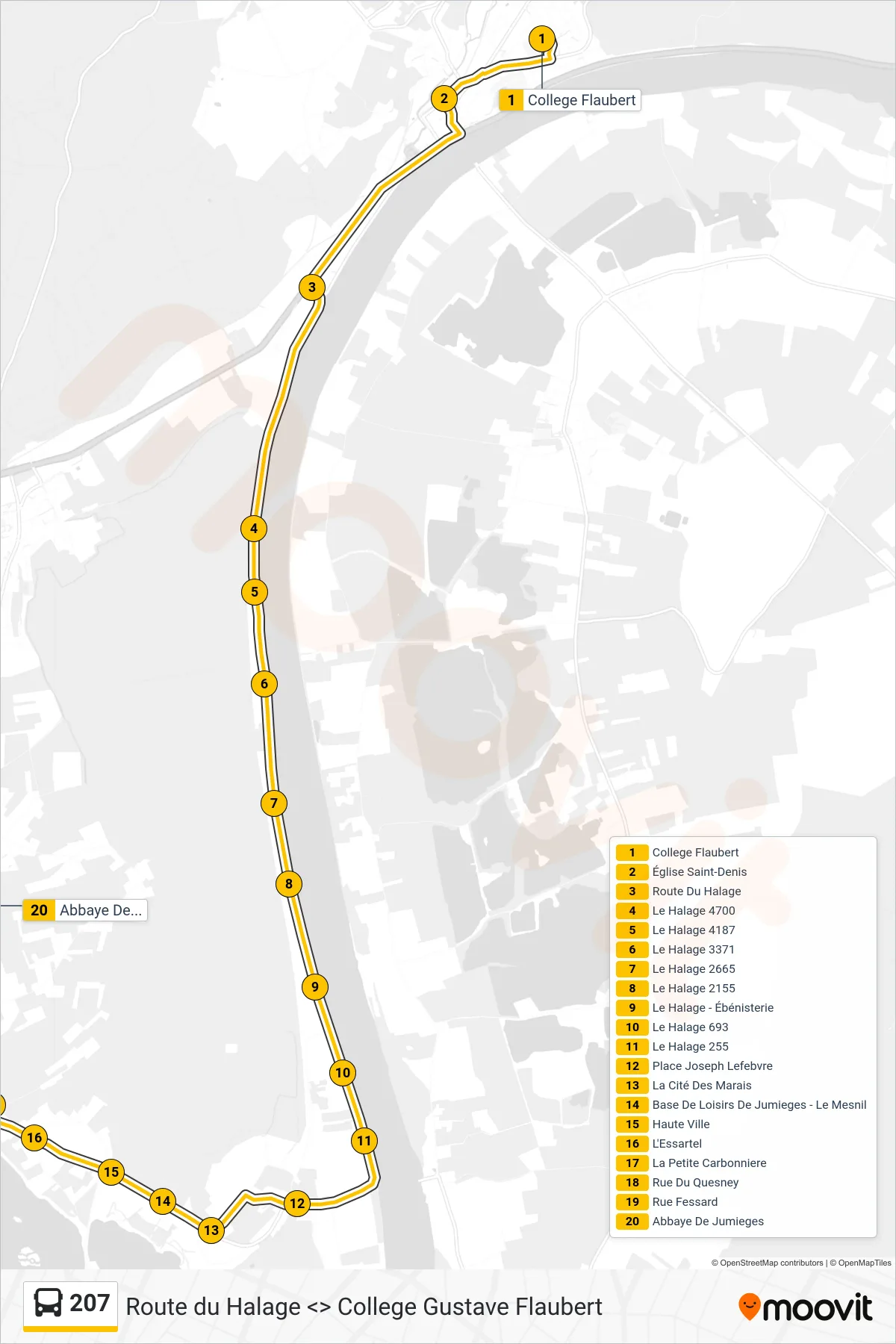 Tracé et arrêts de la ligne 207 de bus (Abbaye Jumieges) sur une carte