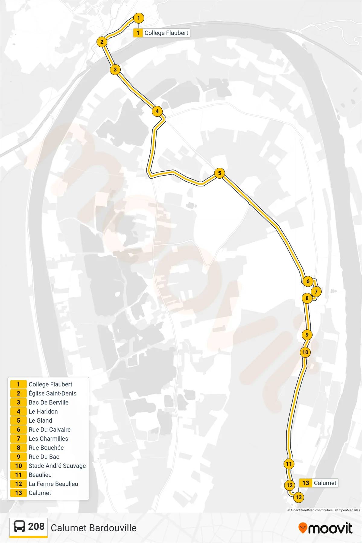 208 bus Line (Calumet Bardouville) route and stops on a map