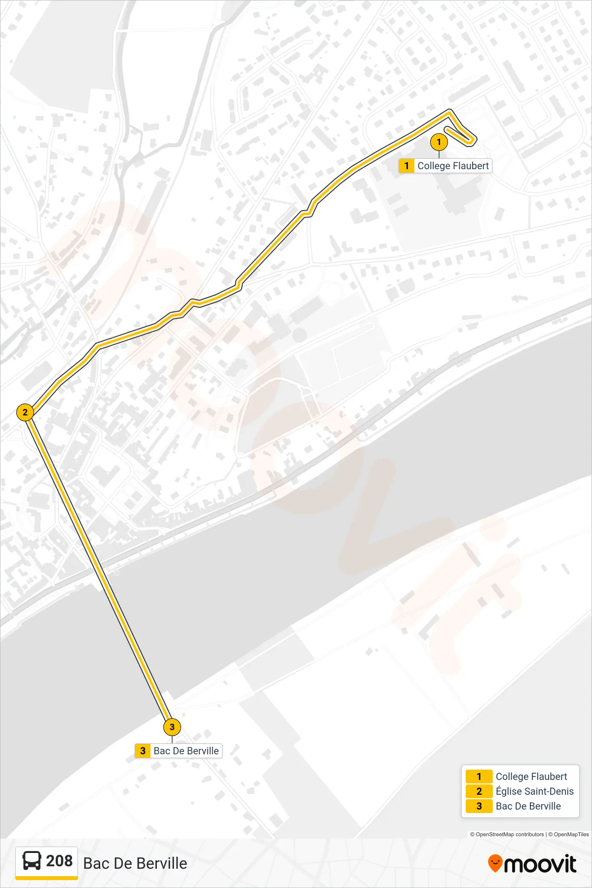 Tracé et arrêts de la ligne 208 de bus (Bac De Berville) sur une carte