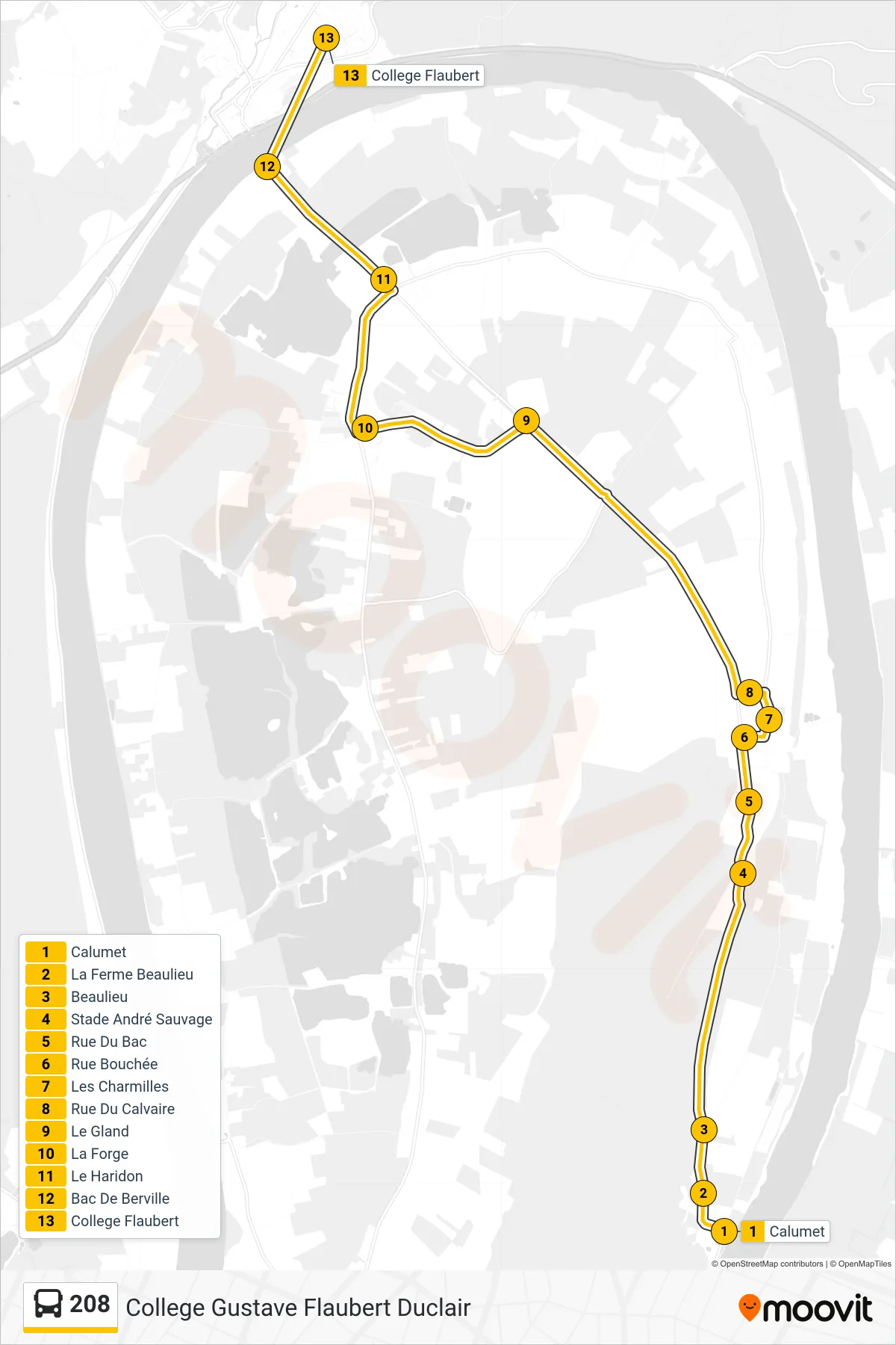 Tracé et arrêts de la ligne 208 de bus (College Gustave Flaubert Duclair) sur une carte