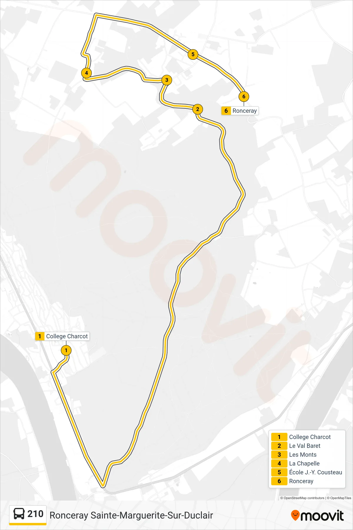Tracé et arrêts de la ligne 210 de bus (Ronceray Sainte-Marguerite-Sur-Duclair) sur une carte