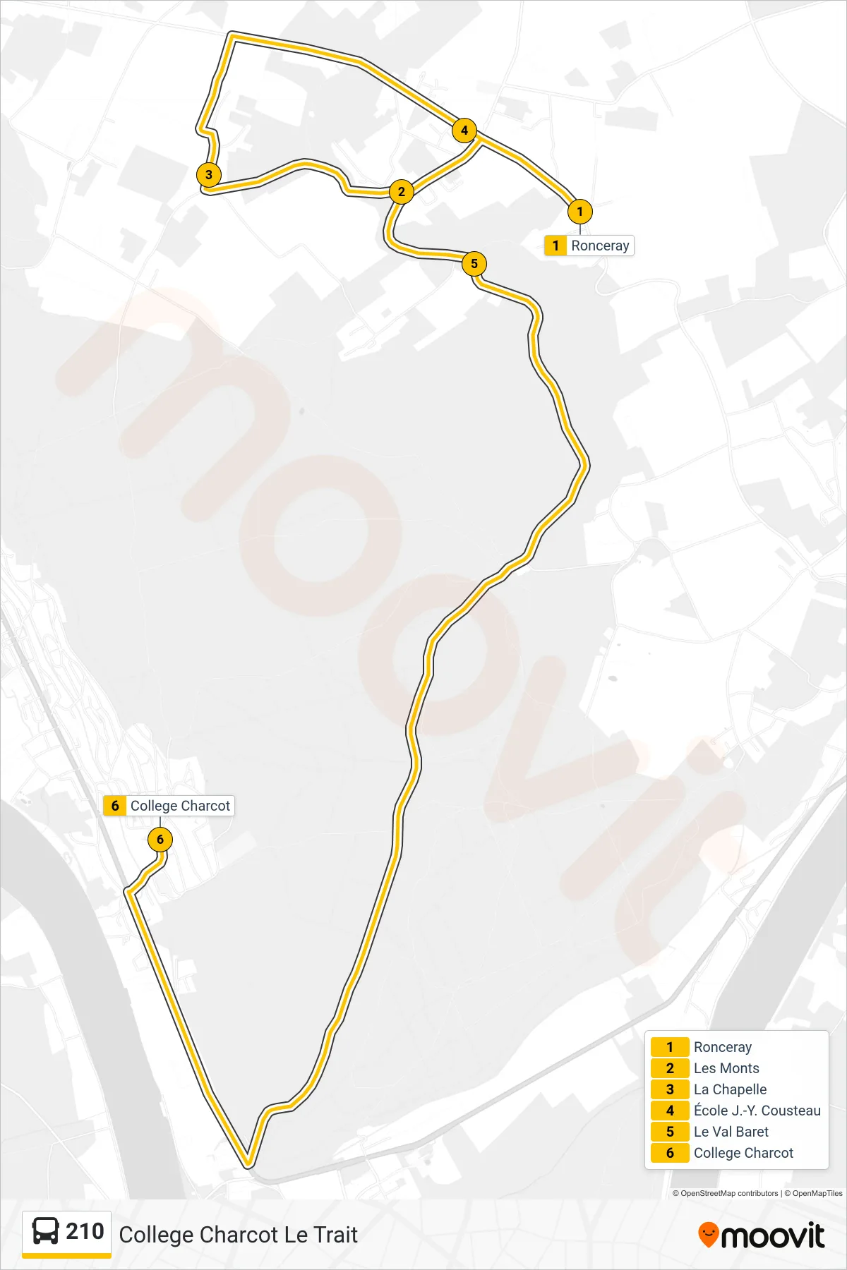 Tracé et arrêts de la ligne 210 de bus (College Charcot Le Trait) sur une carte